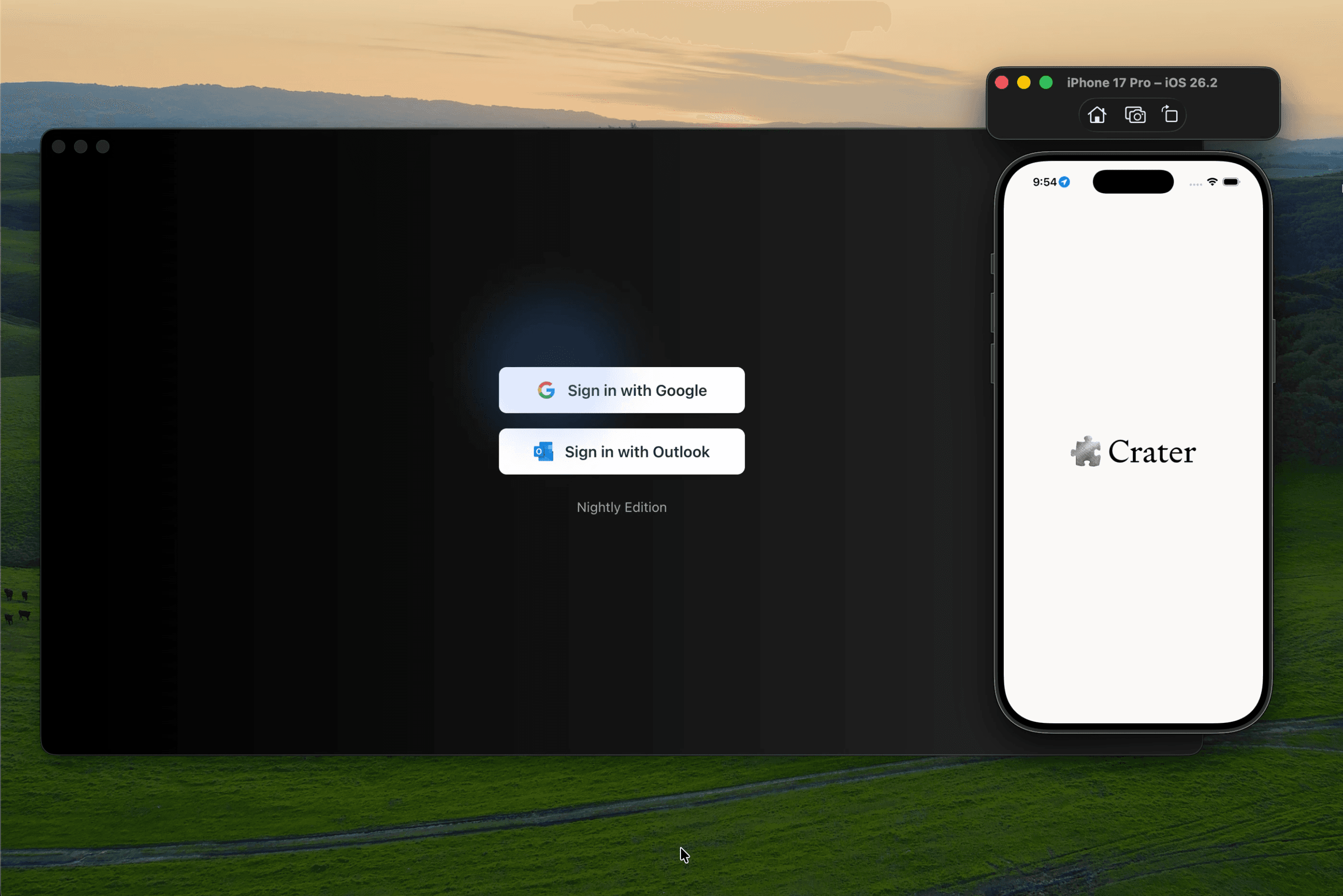 Crater app home screen